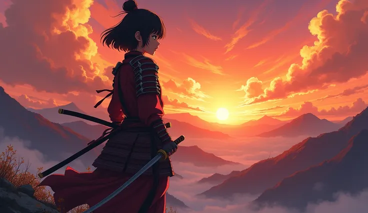 8k quality,  anime style, a girl in samurai armor with a bob hairstyle stands with a sword and watches the orange sunset