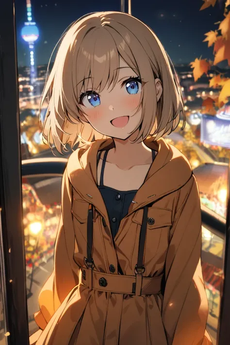 1 girl, 18yo, flat chest, blue eyes, light brown hair, bob cut, smile, open mouth, autumn outfit, Looking out from the Ferris wheel. The night view of the amusement park spreads out before you. Night.