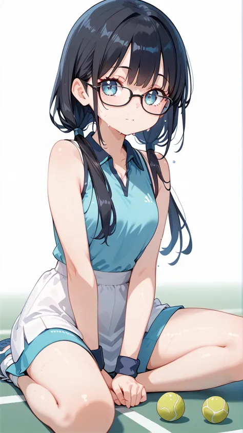 Black Hair, long hair,Pigtails,Glasses, tennis wear,Sweaty,fatigue,Sit down, Hi-Res, 最高quality, Accurate, 高quality, quality,    very detailed,
