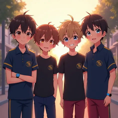 anime 4 boys, short hair, blue smart watch, school uniform black top blue red pants, dark blue shirt with gold stripes with the TKJ symbol, looking at the viewer, happy expression, dawn time.