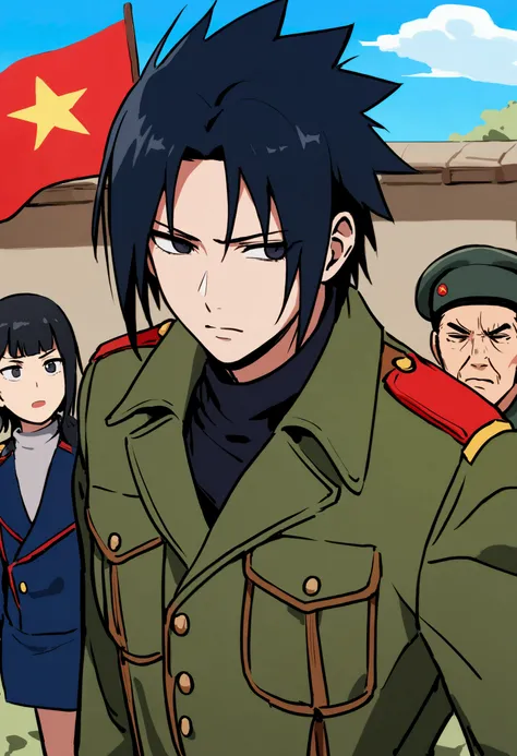 Cheer up Sasuke Uchiha and just change your outfit and put on a Soviet soldiers outfit with a communist symbol in the background, but dont change anything on Sasukes face or his hair. 