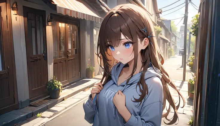 masterpiece,  Ultra HD,  Ultra HD,  best quality,  hoodie with glare lens  ,  1 girl at home,  brown hair , Long hair, Tying two hairpins  ， blue eyes,  hoodie tops stand on the street