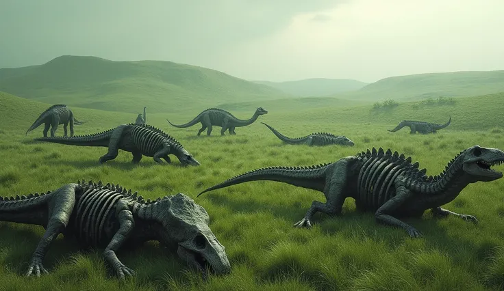 Many dinosaurs are dead and lying on the grass.