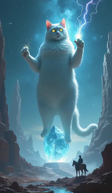 gigantic goddess cat on 浮いている mysterious glowing transparent rock, infinity Stone Steps, deep depth, dynamic angle from below long shot, 宇宙飛行士 on 馬 are looks like very small, gigantic static shock in hand, in space, shinning galaxy in around, lot of shooti...