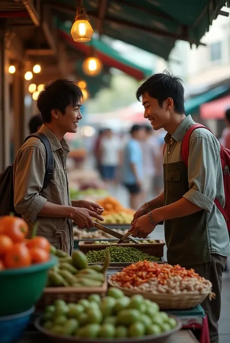 A tourist from Japan visits a market in Thailand and asks a vendor, "Suk sabai dee mai?" (How are you?) in Thai. The vendor responds in Thai, and the tourist, not understanding, asks a Thai friend to translate the vendors reply into English. 