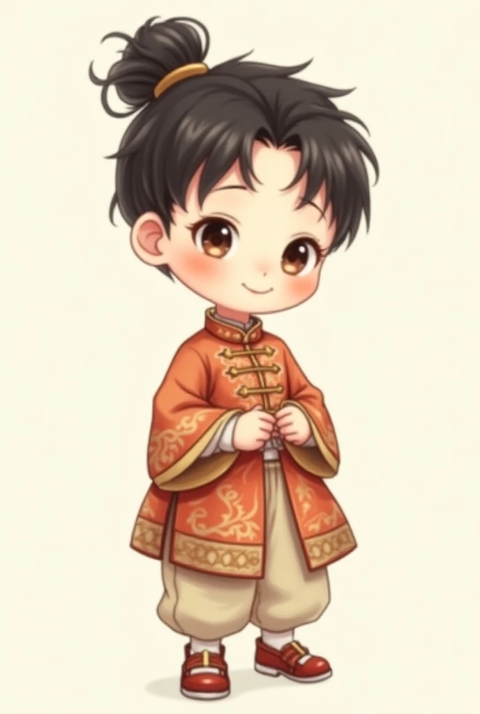 A Boy Illustration 、anime、High image quality、cute、llustration, Wearing an Antique Chinese Dress with Stuffed Hair,Put on vintage shoes,handful