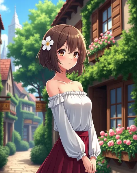 Create a detailed anime-style scene of a young woman standing in a vibrant, sunlit European street. The woman has short brown hair adorned with a white flower, expressive brown eyes, and wears an off-shoulder white blouse with a maroon skirt. Surround her ...