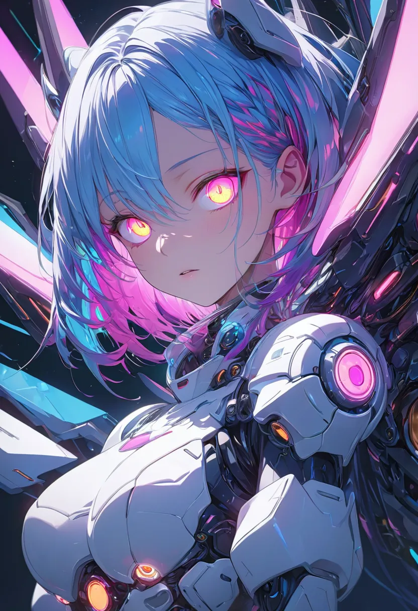 glowing eyes, colourful glowing hair, gradient hair, anime style, high detail, futurism, glowing light, uhd, retina, masterpiece...