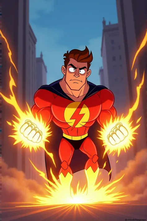 Gumawa Ng imahe na Disney cartoon Ang atake "Kiel na Isang superhero, ay nag-iba ng posisyon at naglabas ng enerhiya mula sa kanyang mga kamao, nag-aalab ang kanyang mga mata."