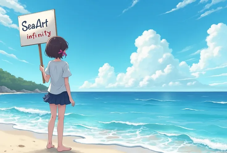 realistic style,1 girl is having a signboard saying the word"SeaArt Infinity"