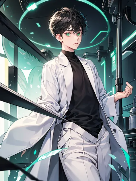 boy with green eyes, black short hair. he thin. scientist uniform. Background laboratory scenery. he sleppy. not have expression. wear black t shirt and white coat like a scientist. laboratory scenery lab. he has big eyes.he so cute and handsome