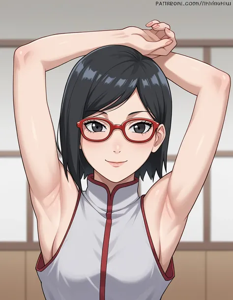 Boruto,(sarada uchiha, short hair, black hair, black eyes, red-framed eyewear, glasses, swept bangs:1.1)(Armpit,脇の皺:1.3)，(スチーム，スチームimg:1.1)， 赤いドレス,恥ずかしい,rest room,smile