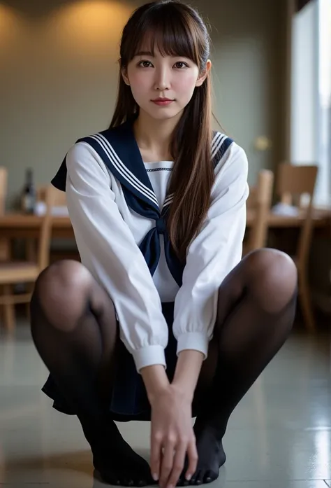 Full body front、sit、 black pantyhose,mini skirt, (skirt lift:1.5), (from bottom:1.4),(seamless real black pantyhose 1 .1)extreme realism:1.21,  High Resolution Photo :1.21, High-quality photos:1.21,  high photorealism :1.21, (Best Quality:1.37), 32k resolu...