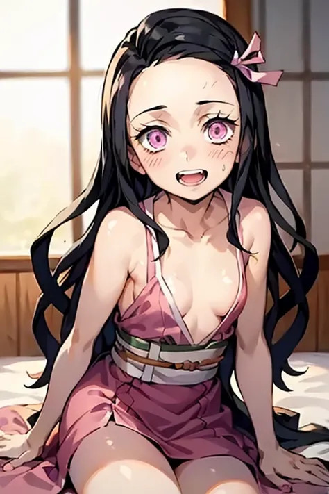 ((Best Quality)), ((masterpiece)), (be familiar with),  perfect face, indoor, bedroom,  watching viewers,
One woman, Kamado Nezuko,
 characters with open mouth ,  ecstatic expression, blush, smile,
Small breasts,  flat chest, Young girl, Lori,  kids,  girl...