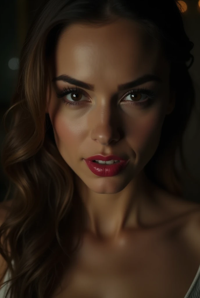 Close-up shot of Femme fatales sensual grin, the air thick with malevolence as she gazes directly into the camera. Her eyes seem to pierce through the lens, taunting us with her cunning and beauty. In a dark, dimly lit room, the sound of mournful whispers ...