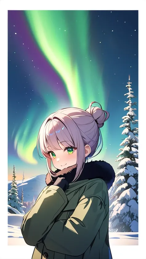 1 girl, ( cute face), (Chignon:1.2),  Fantasy Anime Costumes, Winter coat,  Thick Muffler ,  Medium Chest , smile, break, Scandinavian snowy landscape, ( Fantastic Northern Lights :1.1),  Brilliant Green and Purple Light, Calm Night Sky , break,  Snowy Tre...