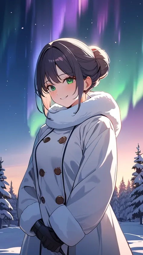 1 girl, ( cute face), (Chignon:1.2),  Fantasy Anime Costumes, Winter coat,  Thick Muffler ,  Medium Chest , smile, break, Scandinavian snowy landscape, ( Fantastic Northern Lights :1.1),  Brilliant Green and Purple Light, Calm Night Sky , break,  Snowy Tre...