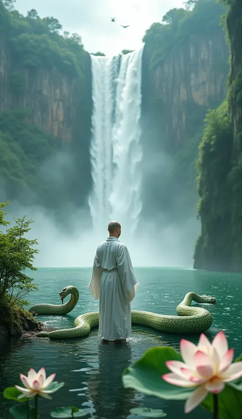 Highly detailed film water and ocean palette, a bald monk standing at the waters edge in white Hanfu, a huge green snake, a huge lotus flower in white, a very tall waterfall, exquisite facial details, spotlights, perfect composition, surreal, ultra-detaile...