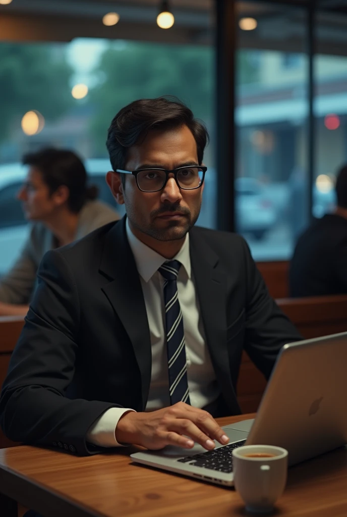 a light skinned Indian guy sitting in a coffee shop looking at the laptop in front of him on the table. He is wearing thin framed glasses and an office suite. The suite is black with a black tie with thin white stripes the shirt inside is white. His expres...