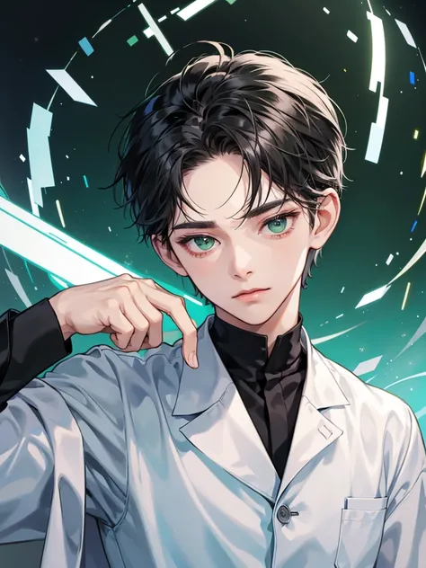 boy with green eyes, black short hair. he thin. scientist uniform. Background laboratory scenery. he sleppy. not have expression. wear black t shirt and white coat like a scientist. laboratory scenery lab. he has big eyes.he so cute and handsome