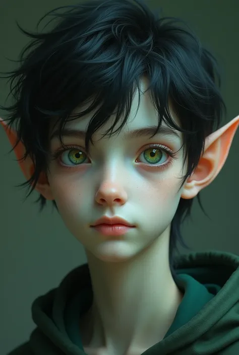 a teenage boy with really pale skin, green eyes with a bit of yellow in them, pointed ears and black hair 