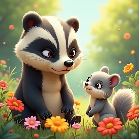 Animated image :  Illustration of a grumpy badger with a frown and thick black and white stripes on his face, sitting in a patch of flowers. The little squirrel with fluffy gray fur and bright, curious eyes stands in front of him, looking hopeful and eager...