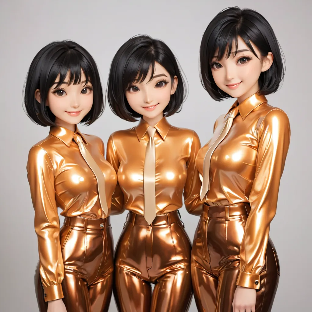 4 japanese girls,  buttoned in extremely tight shiny copper latex blouse in the photo studio, are ,  black hair, bob cut, breast...