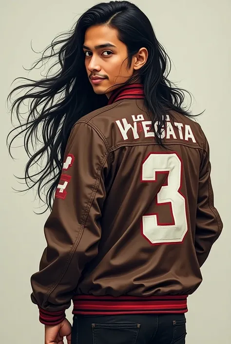 a Malay man with long hair wearing a jacket, with the number 3 and the name I LOVE VEGATA written on the back of the jacket