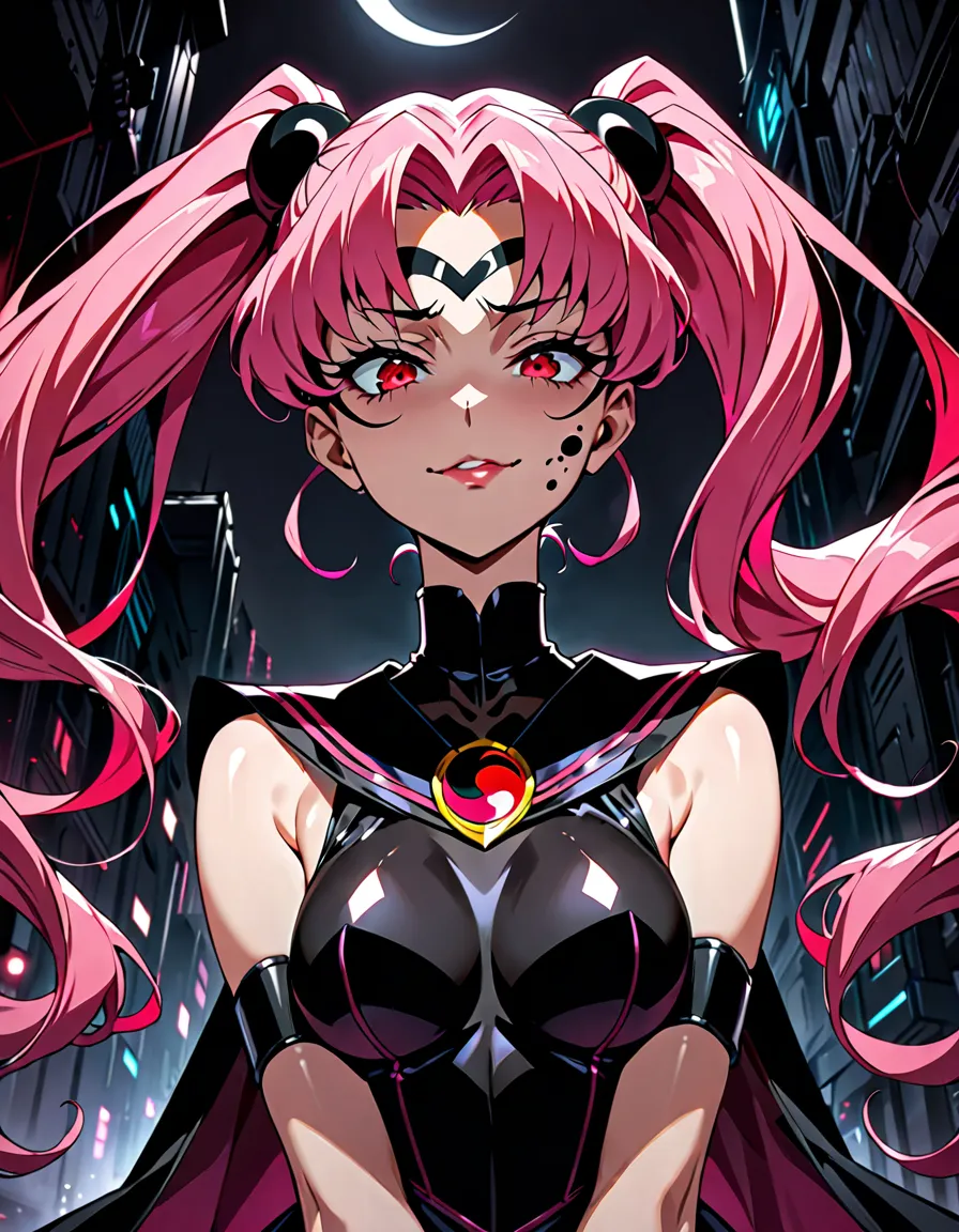 sailor moon's wicked lady, pink hair, red eyes, ,  black crescent moon mark on forehead , very evil smirk,beautiful body,shaded ...