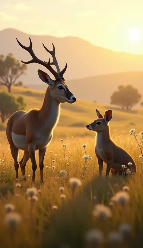 "Create a realistic, high-resolution image of a Saiga Antelope and a Tasmanian Devil standing face-to-face in a scenic meadow. The scene is set at dawn with soft light casting a warm, golden glow across the grassy field, dotted with wildflowers. In the bac...