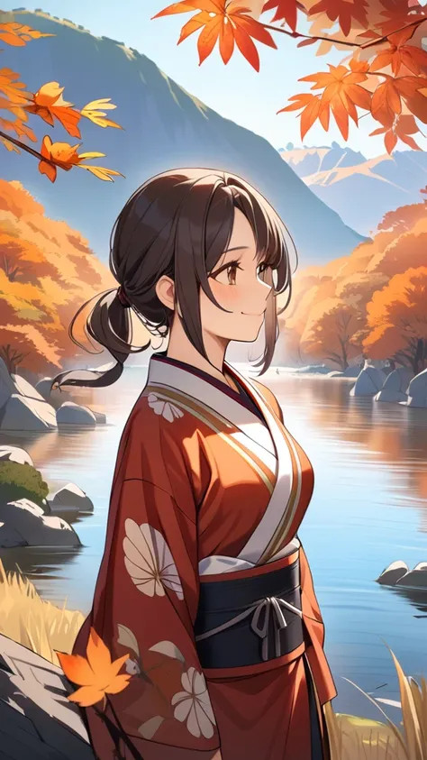 1 girl, ( cute face), ( Low Ponytail :1.2),  Fantasy Anime Japanese Style Clothes,  Simple Design ,  Medium Chest , smile, break, Kyotos Kawabe , (Fantastic Light:1.2),  Mountain Reflected on the Water 々, Gentle breeze, break, Vivid autumn leaves, Willows ...