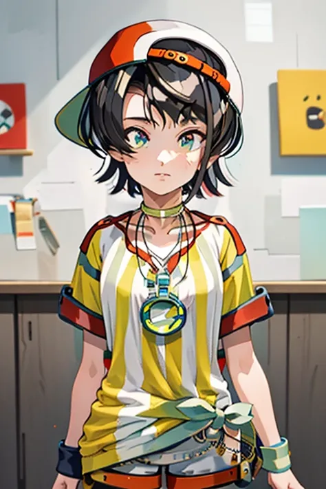 (masterpiece, Best Quality),  1 girl,   Asbal ,  short hair,  cap, backwards hat, chest, clavicle, clock,  Whistles Around the Neck , Vertical striped shirt,  tie,  Short Sleeve ,  wristband ,  white shorts,