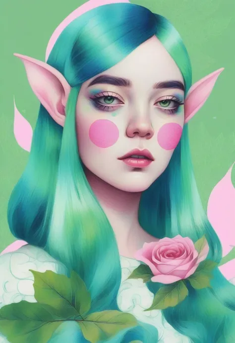 With a portrait of a beautiful woman、Green and blue hair、Pink and white background, Connor Rosette,  Digital Portrait , Ultra fine detailed painting,  pop art,  pop surrealism  , Leaf Elf