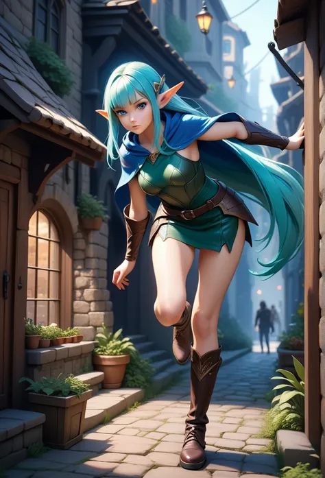 high details, best quality, 8k, [ultra detailed], masterpiece, best quality, (extremely detailed), full body, photorealistic 1girl, woman elf, (very long hair:1.5), straight hair, medium bangs, small breasts, black hair, blue eyes, elven leather armor, clo...