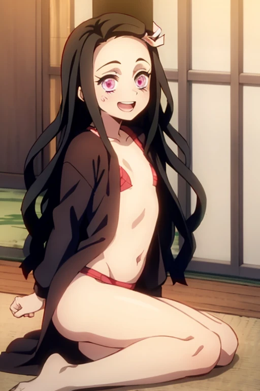 ((Best Quality)), ((masterpiece)), (be familiar with),  perfect face, indoor, bedroom,  watching viewers,
One woman, Kamado Nezuko,
 characters with open mouth ,  ecstatic expression, blush, smile,
Small breasts,  flat chest, Young girl, Lori,  kids,  girl...