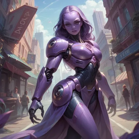  masterpiece ,  best quality ,  ultra high resolution ,  realistic skin texture, Female alien, sexy,  tight clothing,  white and purple theme,  cybernetic armor , Tunica, city, metallic skirt, Psionic Powers , big head, legs forked