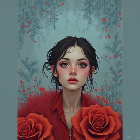 Exquisite details,  surreal atmosphere ,  ethereal beauty,  vibrant colors  ,  soft lighting, fantasy theme , mystical presence, Delicate Foliage ,  a beautiful red rose,  intricate patterns , Dream quality, Captivating gaze,  flat illustration 