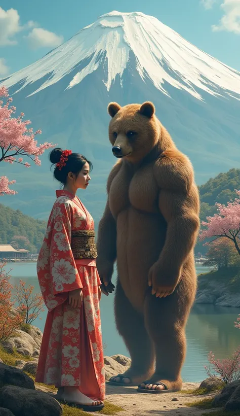 Generate a realistic, high-quality image of a Japanese couple in front of Mount Fuji. The male is a bear-human hybrid with a massive, muscular body and a bear’s face, dressed in a traditional Japanese kimono and sandals. Beside him stands a beautiful Japan...