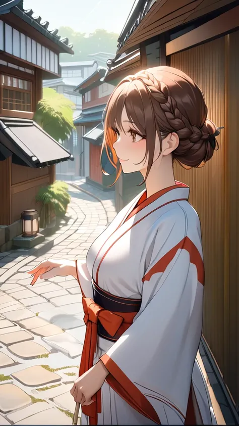 1 girl, ( cute face), ( Braided Hairstyles :1.2),  Traditional Japanese Clothes from Fantasy Anime,  Colorful Accessories ,  Medium Chest ,  natural smile, break,  Kyoto cityscape, ( bright sunlight:1.3), Cobblestone Street,  Beautiful Townhouses , break, ...