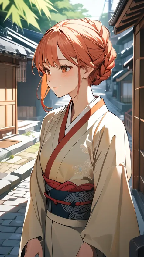 1 girl, ( cute face), ( Braided Hairstyles :1.2),  Traditional Japanese Clothes from Fantasy Anime,  Colorful Accessories ,  Medium Chest ,  natural smile, break,  Kyoto cityscape, ( bright sunlight:1.3), Cobblestone Street,  Beautiful Townhouses , break, ...