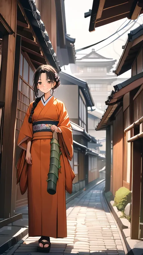 1 girl, ( cute face), ( Braided Hairstyles :1.2),  Traditional Japanese Clothes from Fantasy Anime,  Colorful Accessories ,  Medium Chest ,  natural smile, break,  Kyoto cityscape, ( bright sunlight:1.3), Cobblestone Street,  Beautiful Townhouses , break, ...