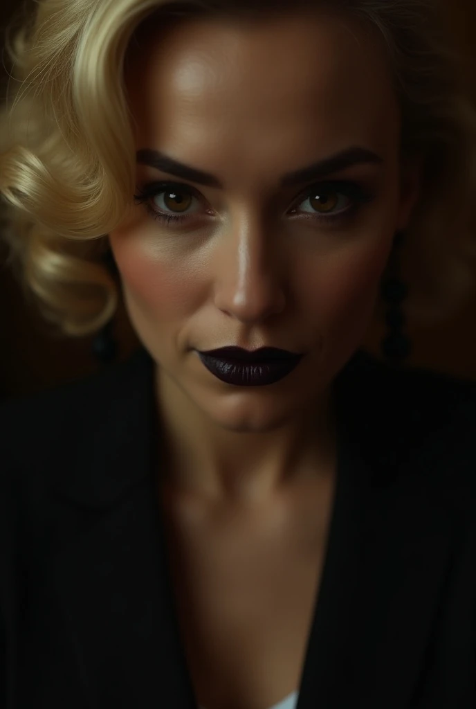 Close-up shot of Femme fatales sensual grin, the air thick with malevolence as she gazes directly into the camera. Her eyes seem to pierce through the lens, taunting us with her cunning and beauty. In a dark, dimly lit room, the sound of mournful whispers ...