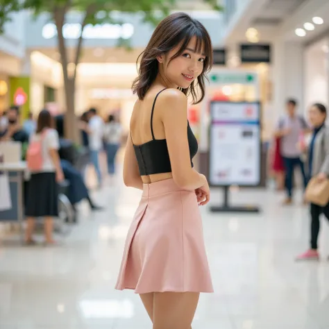 A beautiful Japanese woman, Wearing a skirt with slit, Beautiful legs, Walking in a shopping mall, looking back and smiling