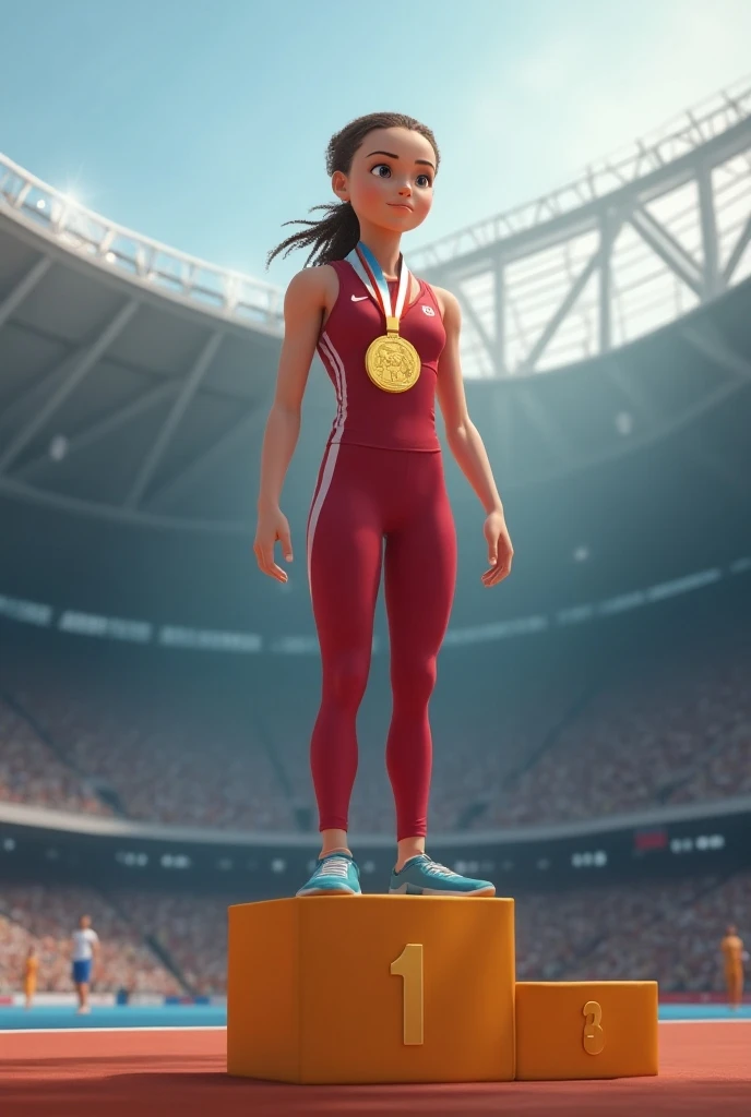 A  girl standing on a podium with a gold medal for winning the high jump event in the olympics