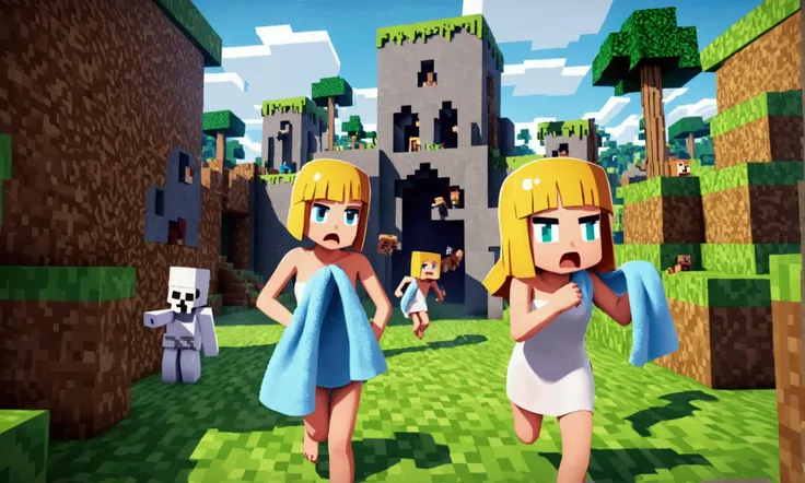 A cute woman (wet, wearing a towel, confused) is scared, clinging to her towel, and running through a minecraft world attempting to escape minecraft skeletons, damsel peril, damsel demise
