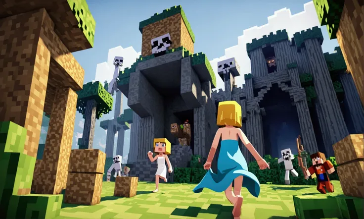 A cute woman (wet, wearing a towel, confused) is scared, clinging to her towel, and running through a minecraft world attempting to escape minecraft skeletons, damsel peril, damsel demise
