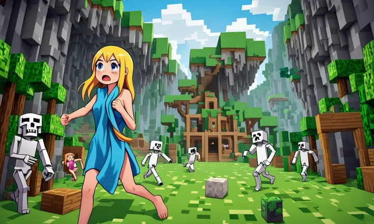 A cute woman (wet, wearing a towel, confused) is scared, clinging to her towel, and running through a minecraft world attempting to escape minecraft skeletons, damsel peril, damsel demise
