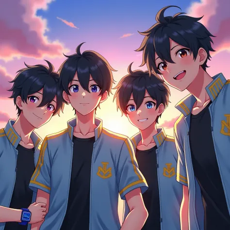 anime 4 men, short black hair, blue smart watch, black t-shirt, light blue jacket with gold stripes with the TKJ symbol, looking at the viewer, happy faces, dawn time, dusk sky.