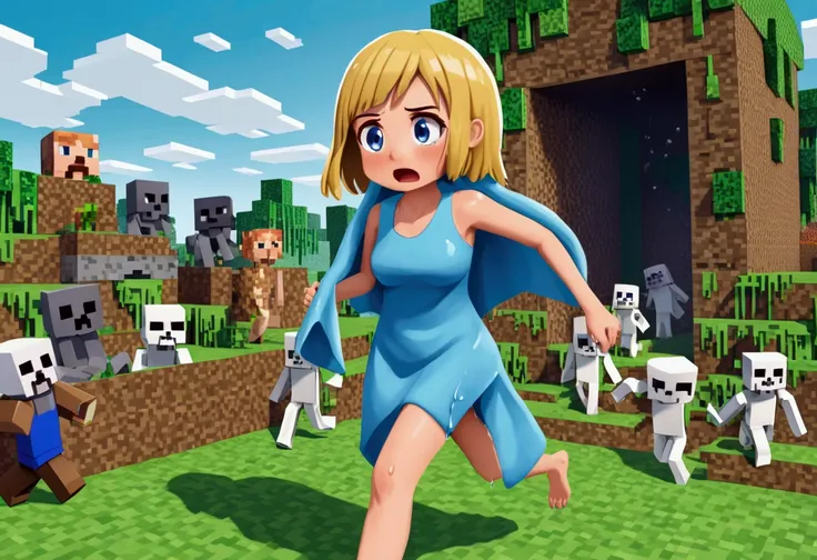 A cute woman (wet, wearing a towel, confused) is scared, clinging to her towel, and running through a minecraft world attempting to escape minecraft skeletons, damsel peril, damsel demise
