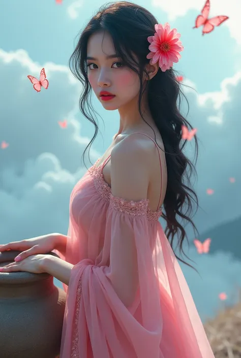 ((best quality)), ((masterpiece)), (detailed), Beautiful white women (wearing light pink see-through saree, visible naval, black hair, light pink and red flowers on her hair, dark black eyes, long eye lashes, hot red lips, blushes, thick) clouds on the gro...